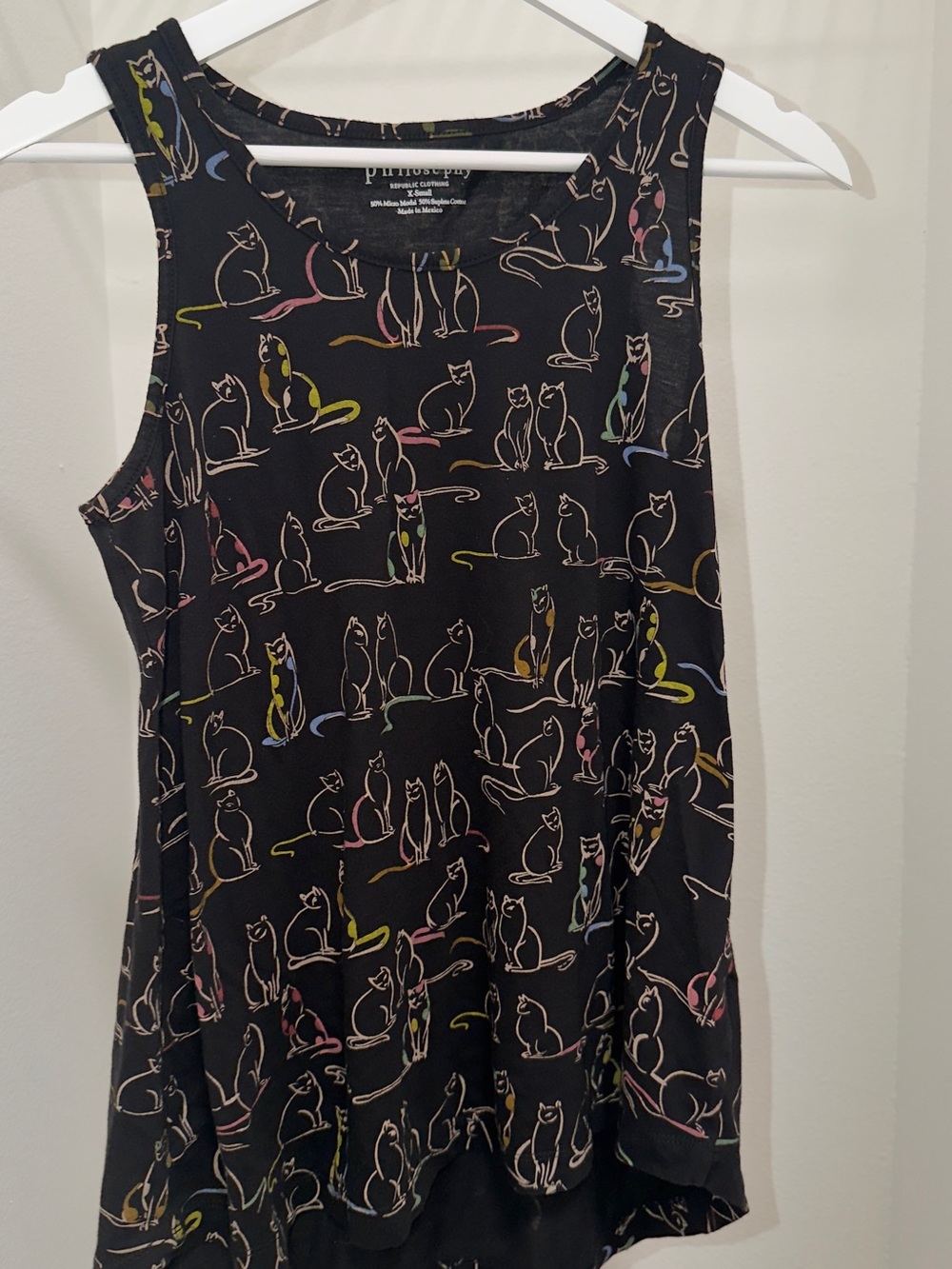 Philosophy Black Tank Top with Multicolor Cat Outline Print